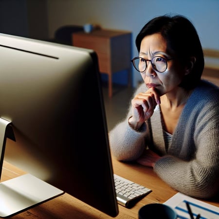 woman thinking at a desk looking at a computer screen